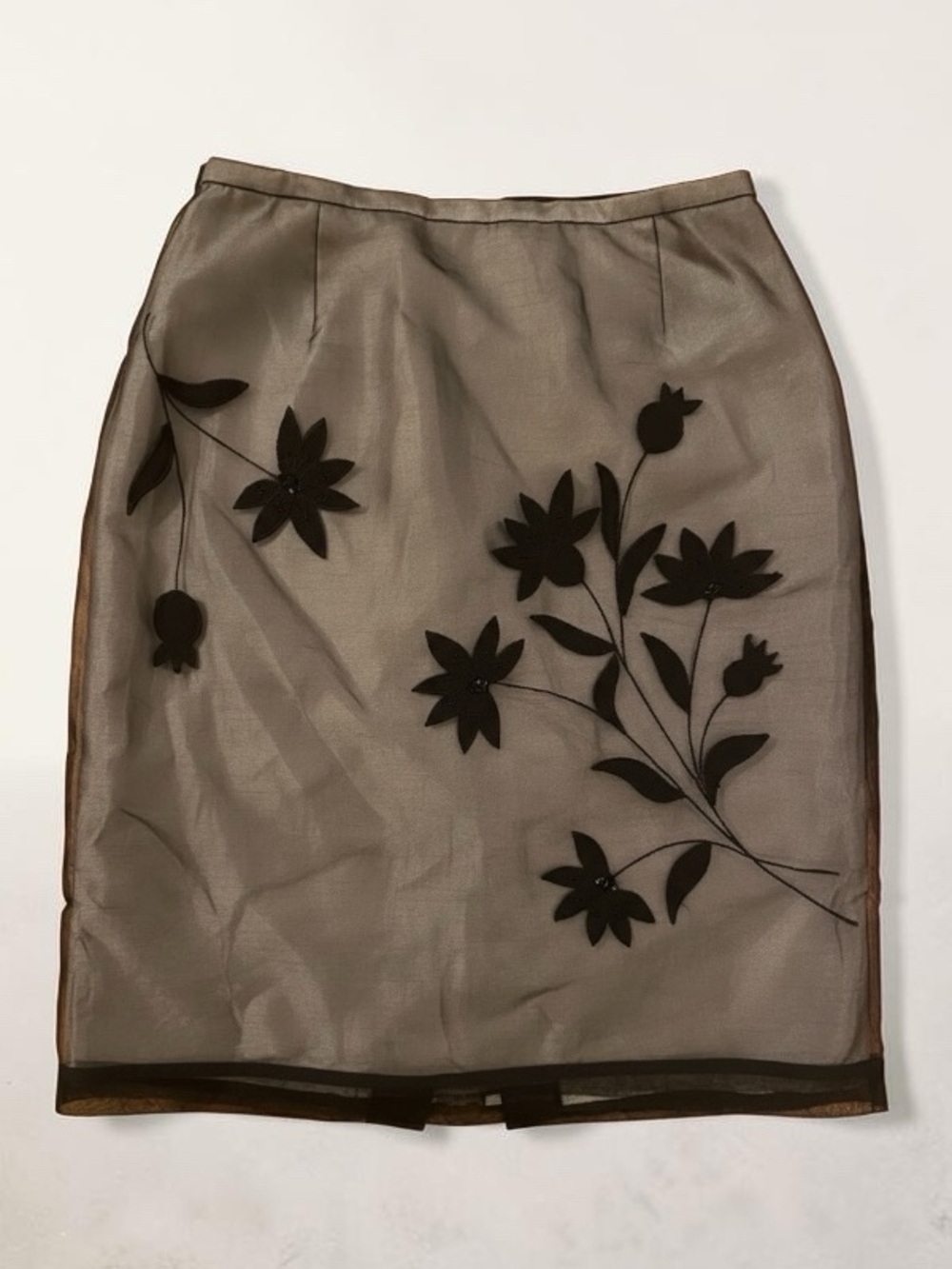 Y2K Vintage Black Sheer 100% Silk floral Appliqué Midi Skirt 10
